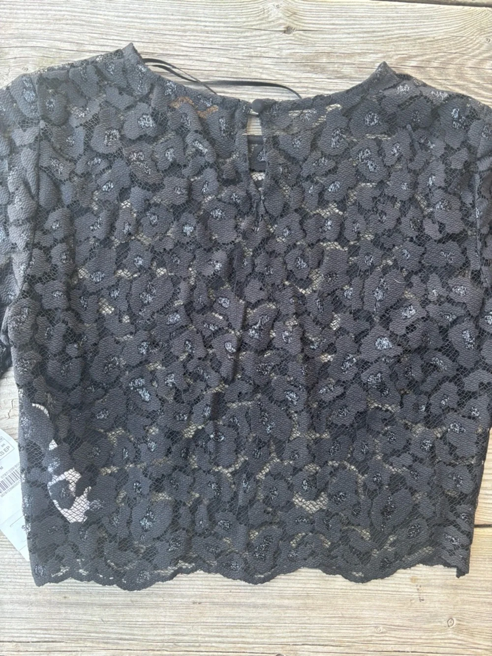 Zara Black Lace Sheer Cropped Top XS Floral 3/4 Sleeve NWT - Picture 9 of 11